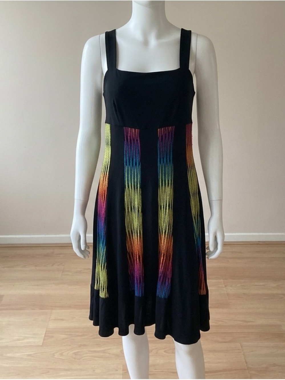 Frank Lyman Design Black Midi Dress with Rainbow Stripe Panels size 14